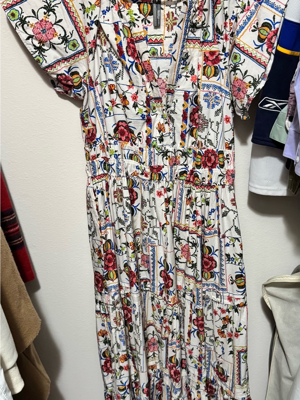 Anthropologie Somerset white Maxi Dress Pink, Blue & Green Floral Tile Print